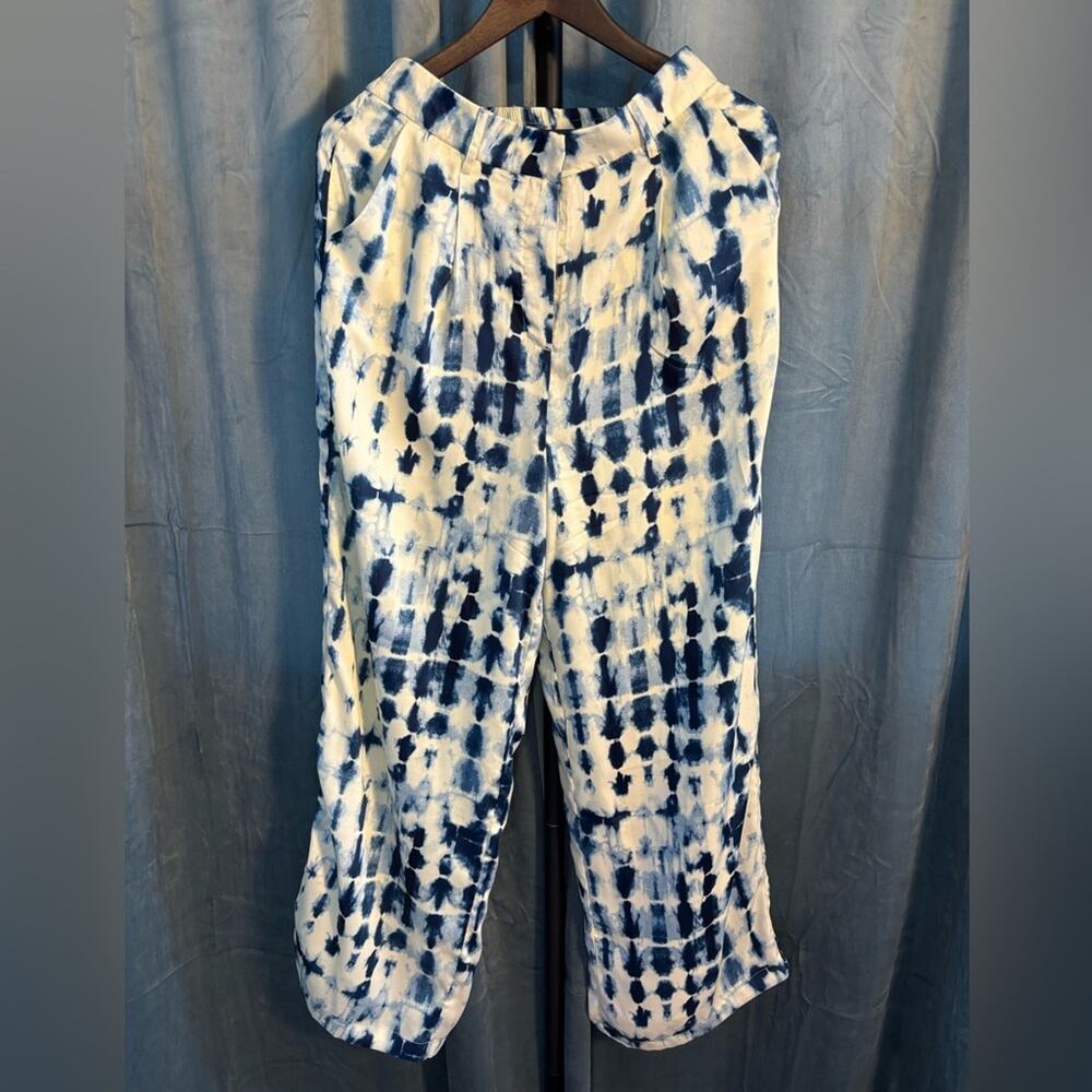 House of Harlow 1960 Tie Dye Wide Leg Satin Pants Womens Medium Blue White